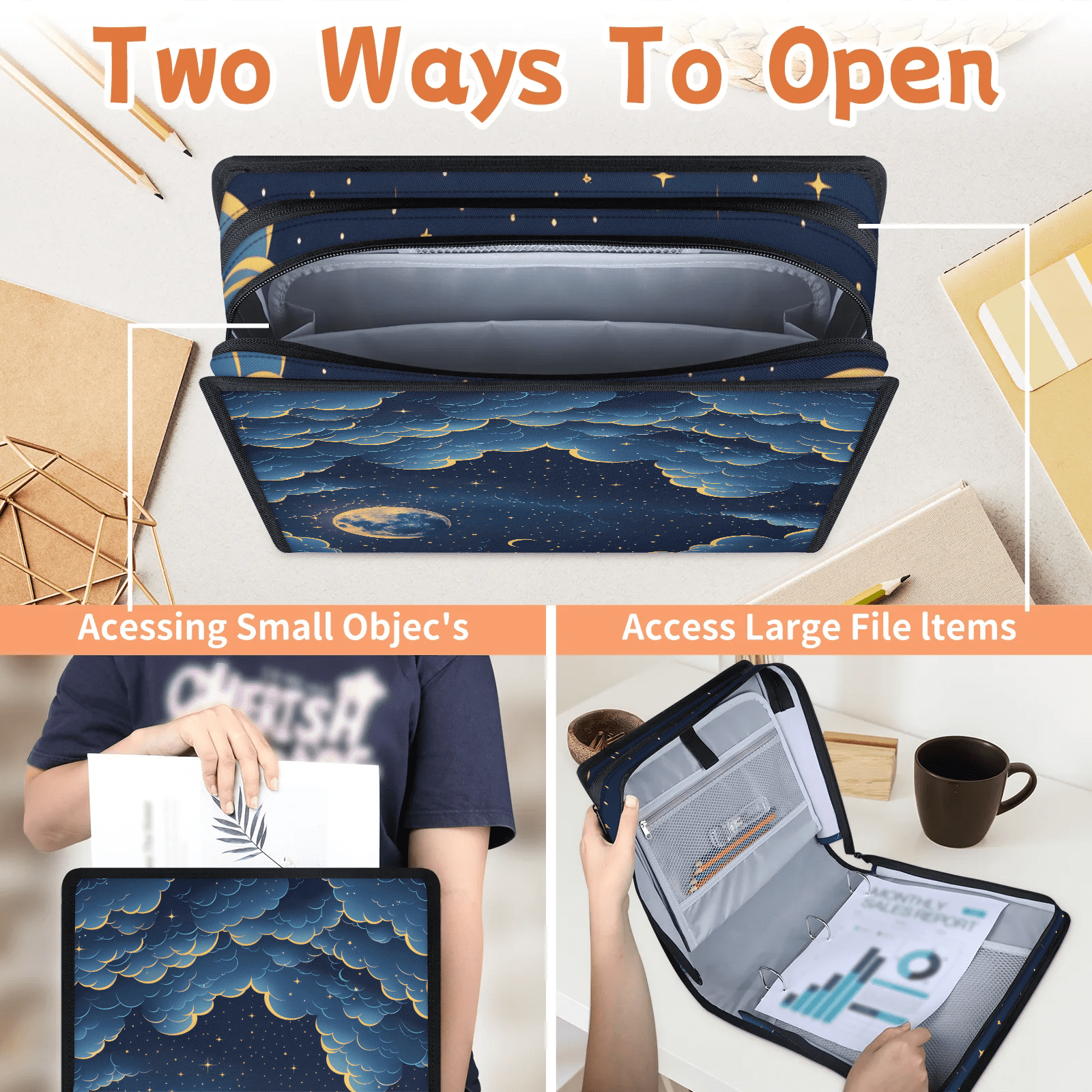 Herdesigns Space Galaxy Zipper Binder 1.5 Inch 3 D-Rings with Shoulder Strap & Handle, Waterproof Moon Star Binder Organizer Bag for 13 Inch Laptop