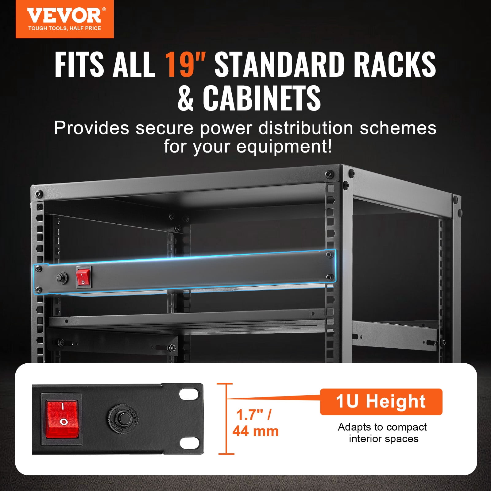 VEVOR 1U PDU, 8 Outlets, Rack Mount Power Strip Fits Standard 19" Server Racks, with Integrated Switch Surge Protection & Overload Protection, 110-125V/15A, Ideal for Home and Office