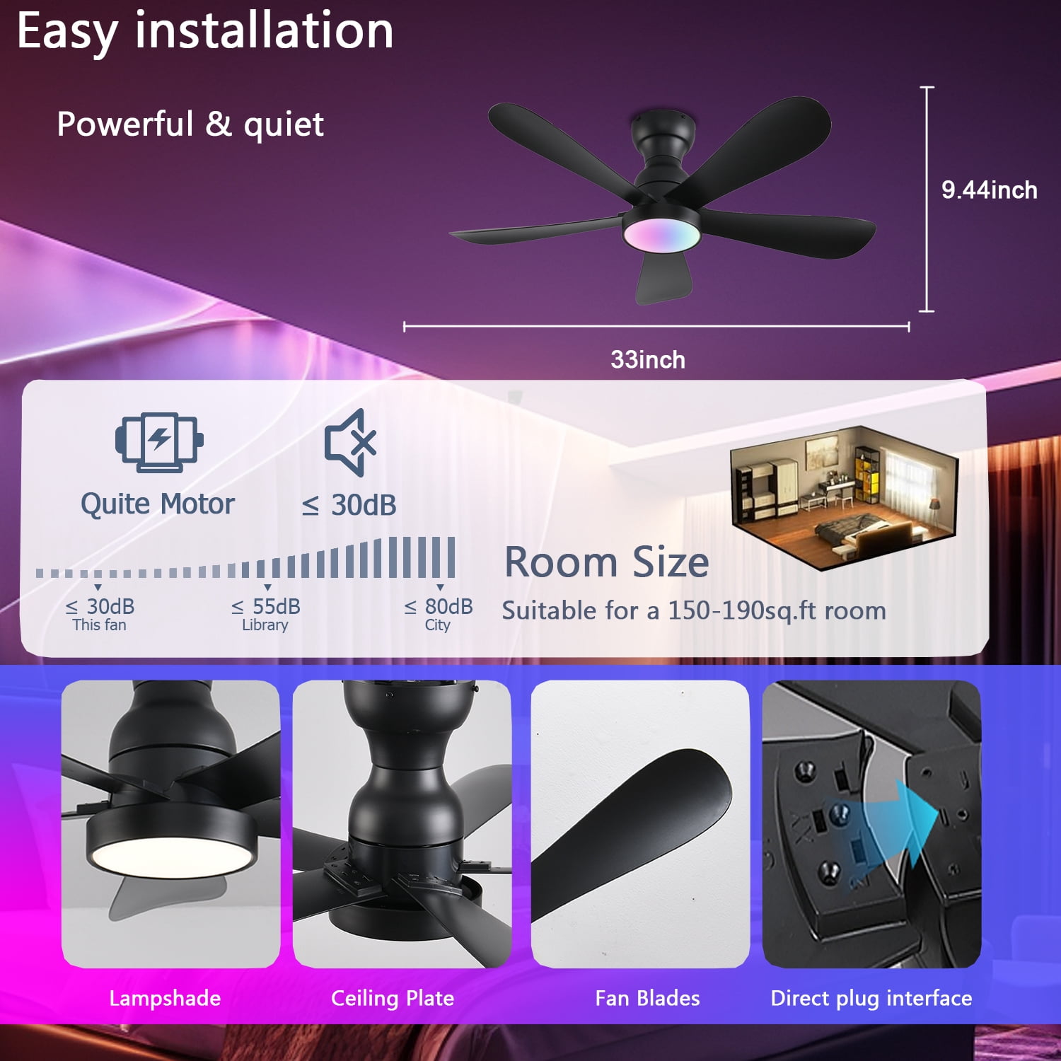 42 Inch Black Ceiling Fans with Lights and Remote/App Control, Flush Mount Ceiling Fan with RGB Dimmable Light, Noiseless Modern Small Ceiling Fan for Bedroom Indoor/Outdoor