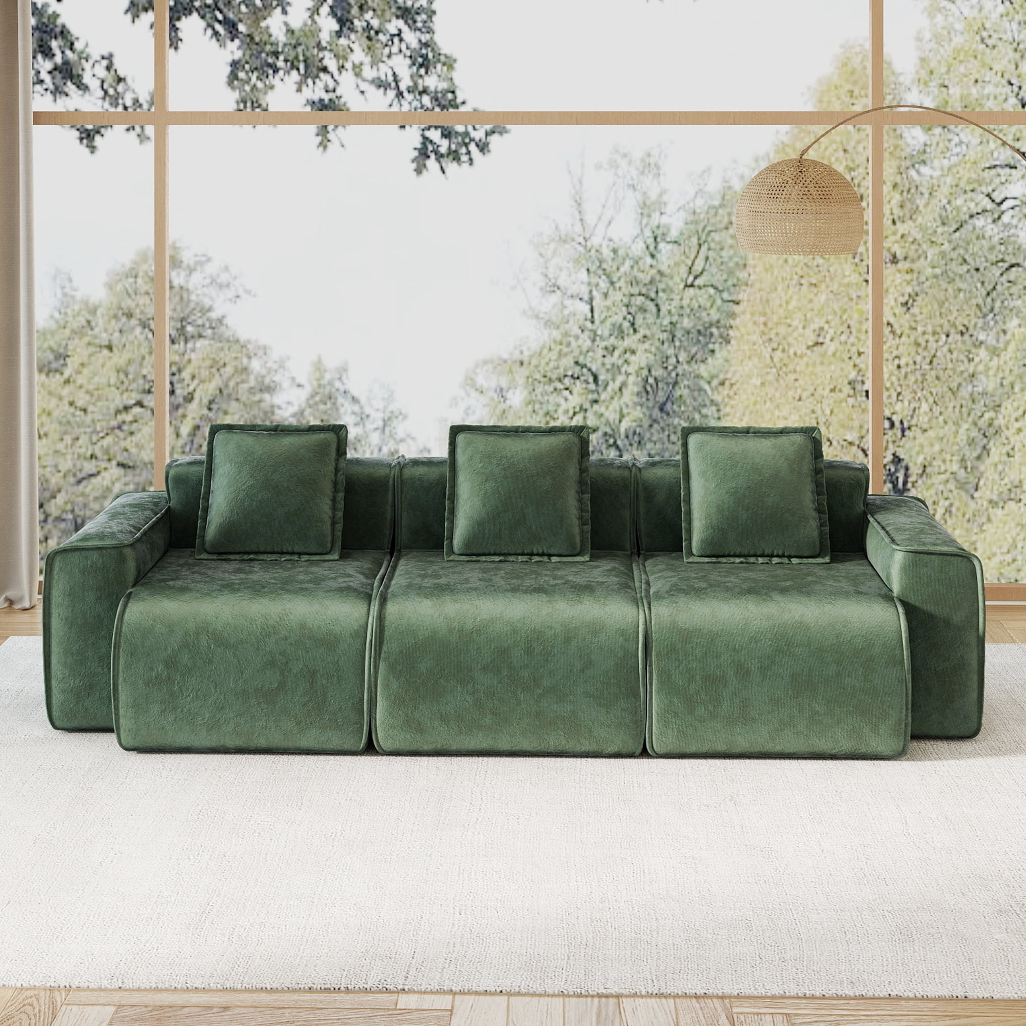 109" 3-Seat Modular U-Shaped Sectional Sofa, Green Velvet with Throw Pillows, No Assembly Required