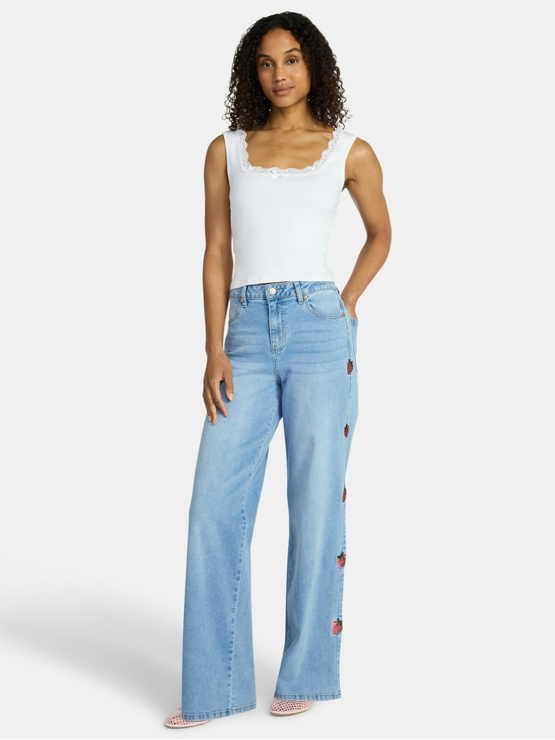 Madden NYC Women's Ultra 90's Jeans with Strawberry Embroidery, 32