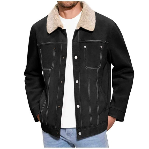 ZCFZJW Men's Sherpa Fleece Lined Thicken Denim Jacket, Men Fashion Winter Warm Faux Suede Jacket, Slim Fit Trucker Cowboy Notch Lapel Collared Outwear Coat Black XXXL