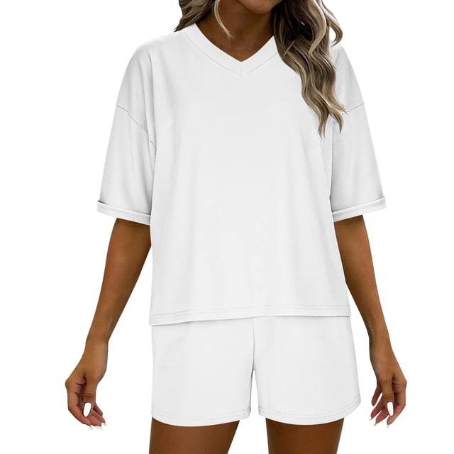 Timegard 2 Piece Sets for Women Summer Short Sleeve V Neck Tops Shorts Casual Loose Oversized Ribbed Knit Outfits