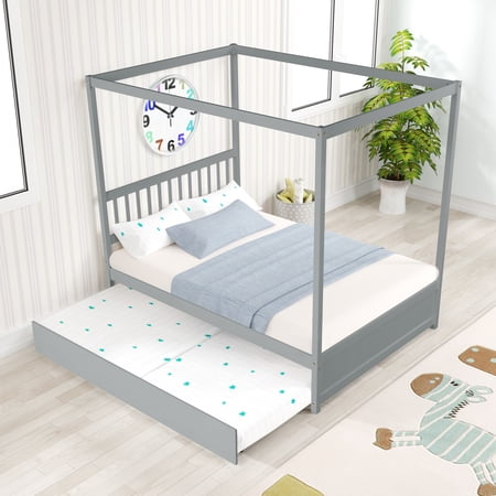 BTMWAY Canopy Bed Full  Solid Pine Wood Full Size Canopy Bed Frame with Trundle and Headboard  No Box Spring Needed  Modern Bedroom Canopy Bed with Trundle Included  Easy Assembly  Gray
