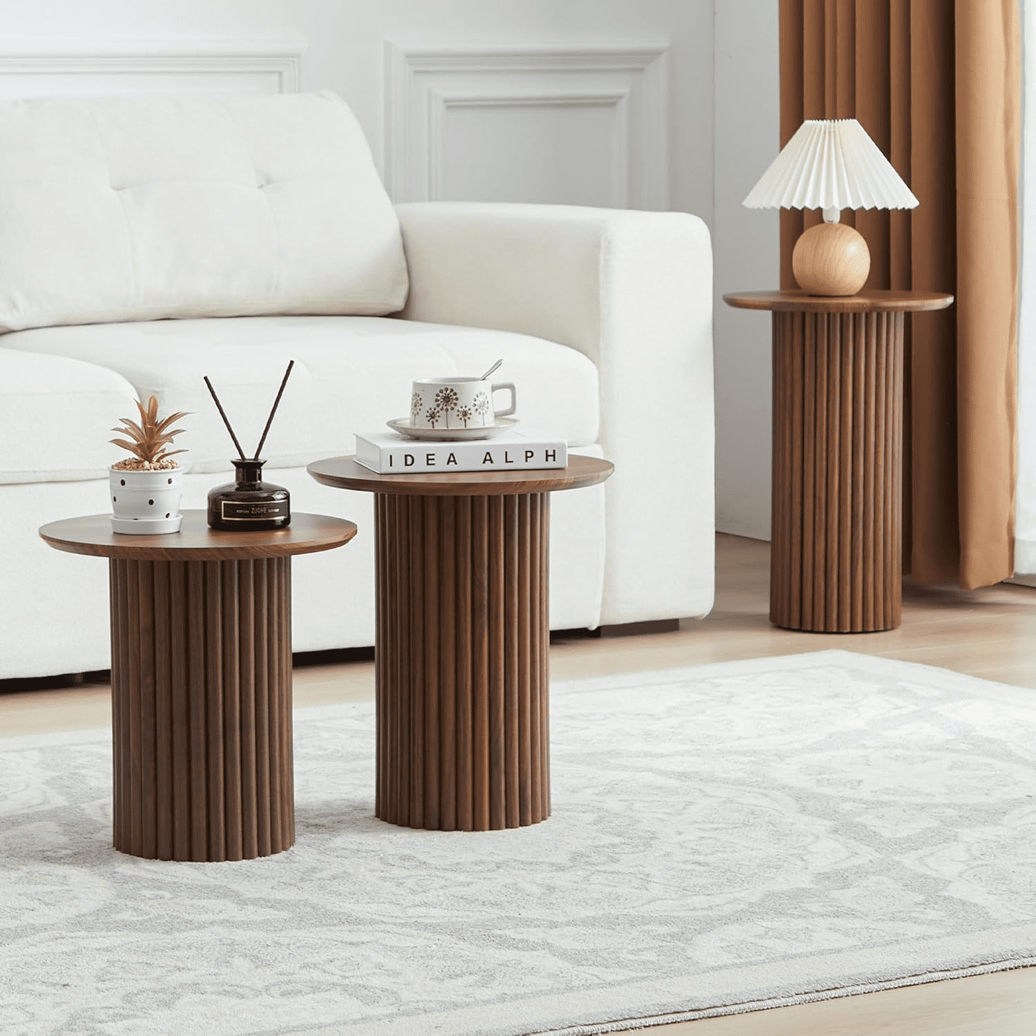LEFHDA Fluted Round End Tables Set of 3, Mid Century Modern Wooden Coffee Table, Small Bedside Table Accent Cabinet for Living Room, Bedroom, Entryway (Walnut)