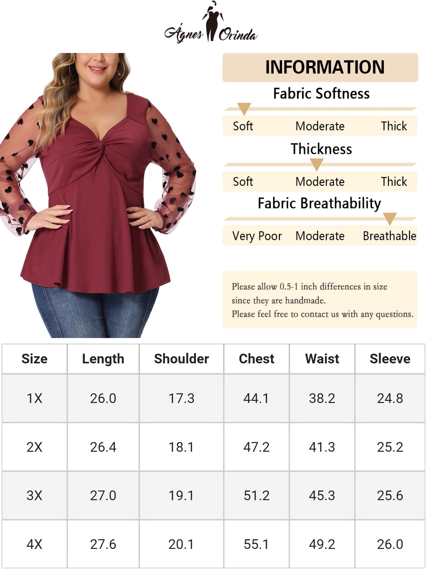 Unique Bargains Women's Plus Size Panel Heart Sheer Mesh Long Sleeve Shirts Blouses 2X Burgundy