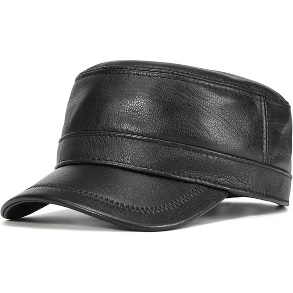Leather Cadet Army Cap Adjustable Flat Top Military Style Hat for Men