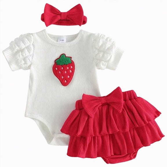 CAUYDY Baby Girl Summer Clothing Set for Toddler Ruffle Sleeve Romper & Cute Print Skirt & Headband 3PCS Outfits for Newborn Infant Girls 0 3 6 9 12 Months (Sizes 6-12 Months,H3-Red)