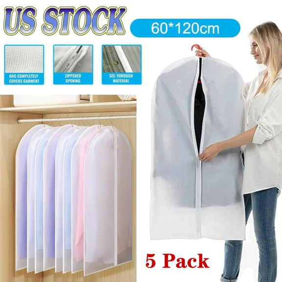 5Pcs Clothes Coat Protect Garment Cover Bags Suit Storage Bags Zipper Dress New