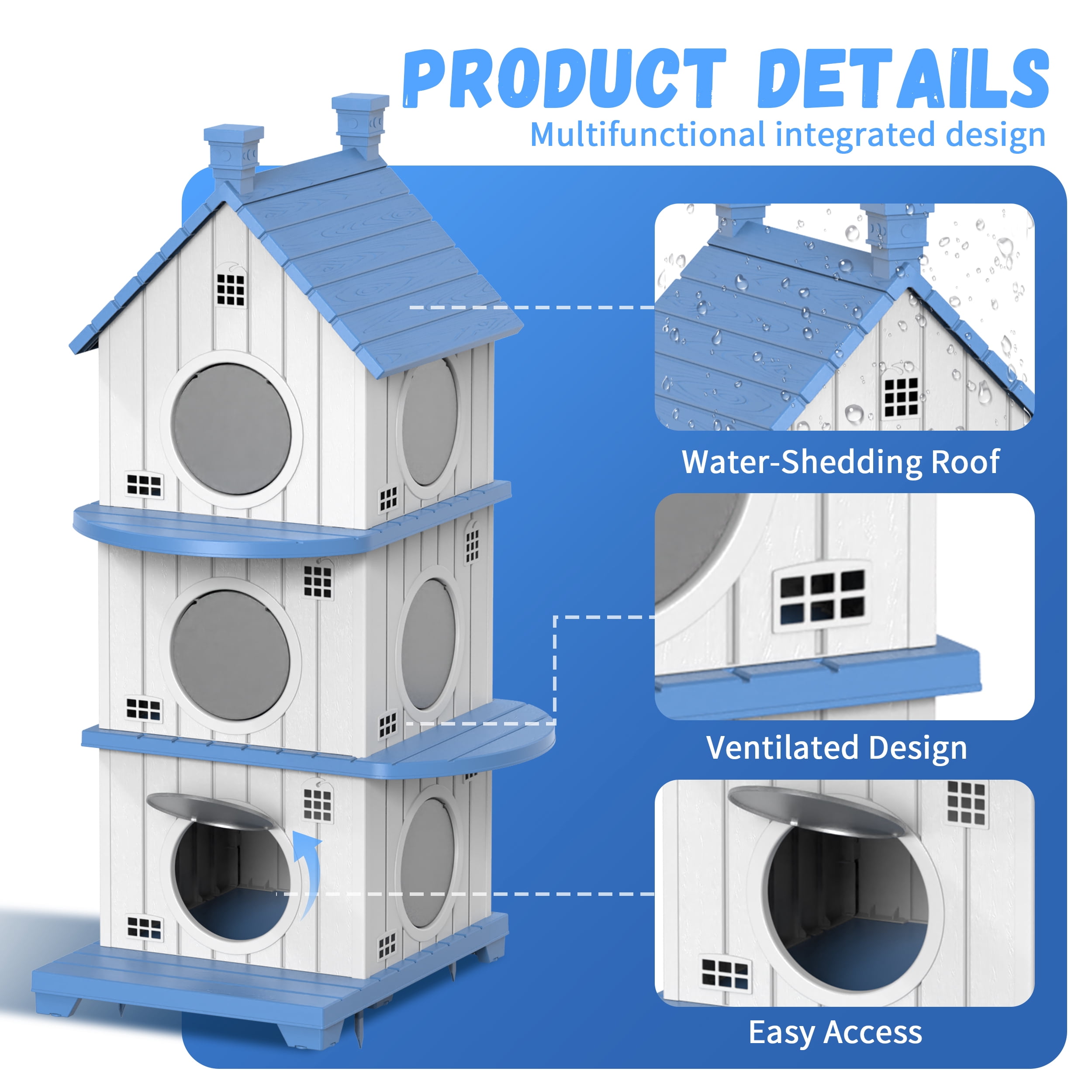 Fazzn Outdoor Cat House with Porch: Weatherproof Insulated Shelter for Cats, Kittens, and Puppies, Including Feral Cats. Features Multiple Entrances, an Elevated Base, and Easy Assembly.Blue/Brown