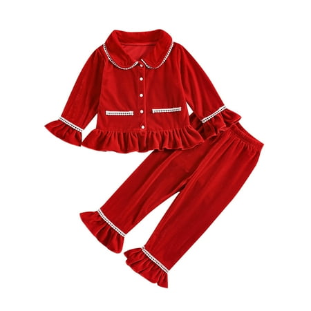 

2Pcs Baby Girl Velvet Pants Set Long Sleeve Lace Patchwork Button Down Shirt Tops + Ruffle Hem Pants Set