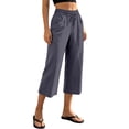 thumbnail image 2 of Linen Capris for Women Wide Leg Petite Pull On Pants with Drawstring Elastic Waist Casual Cropped Pants Dark Gray L, 2 of 6