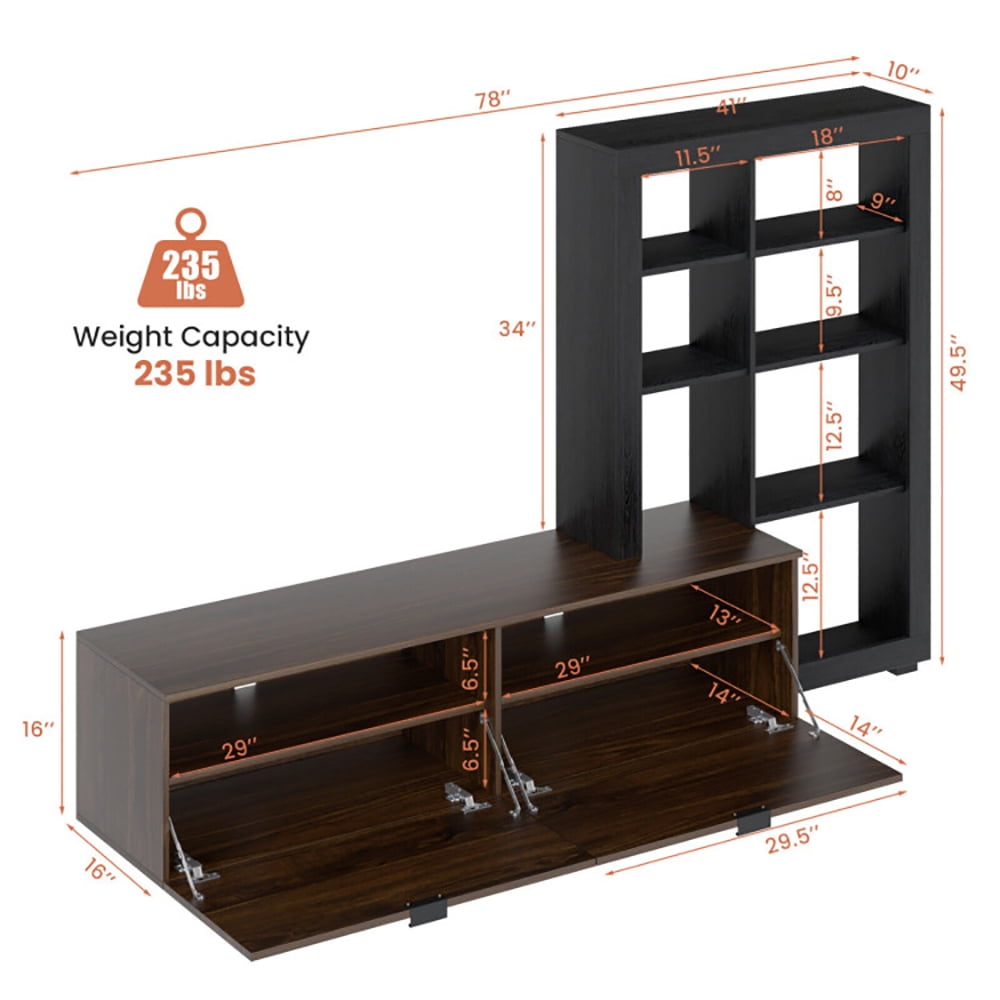 Finihen TV Stand, TV Cabinet, 2-In-1 TV Stand with 4-tier Bookshelf for TVs up to 50 Inch, Media Entertainment Center with Storage, for Living Room, Bedroom, Walnut