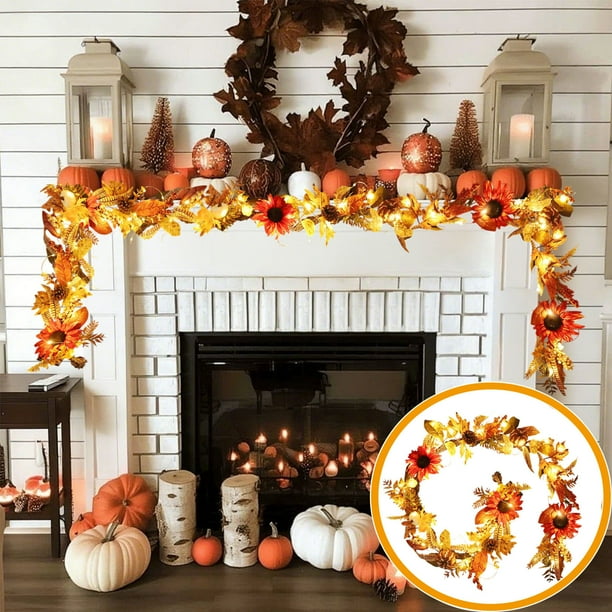 Corona otoñal para puerta de entrada con luces LED - 180 cm (70,87") Decoración de pared de ratán multicolor, calabaza, girasol y estilo rústico para Halloween, ideal para interiores y exteriores.
