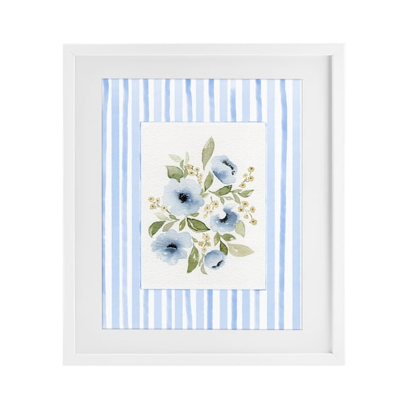 Stupell Industries French Country Flowers with Blue Stripes White Framed Print Under Glass, 13 x 16, by Leah Noel Art