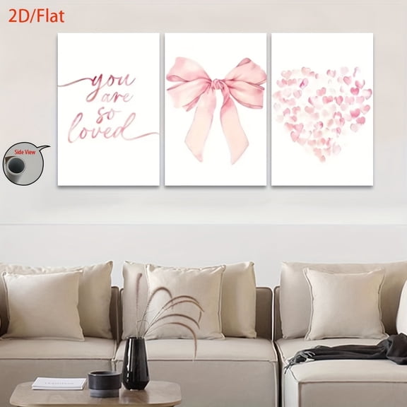 2D Flat 3pcs/Set, 2D Flat Canvas Paintings- Frameless, Elegant Pink Bow Decoration for Decorative Purposes, Posters And Prints, Midsummer Festival, All Saints' Day, Home Decor, Holiday Gifts, Partie