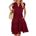 thumbnail image 3 of Women'S Summer Dress V Neck Short Sleeve Midi Sundress Flowy Tiered Beach Dresses with Pockets Wine Red M, 3 of 9