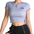 thumbnail image 4 of Summer Slim Sexy Top Solid Color Drawstring Ruffle Crop Button Design Wild Fashion Tunic Pullover Top Shirt For Women and Girls, 4 of 4
