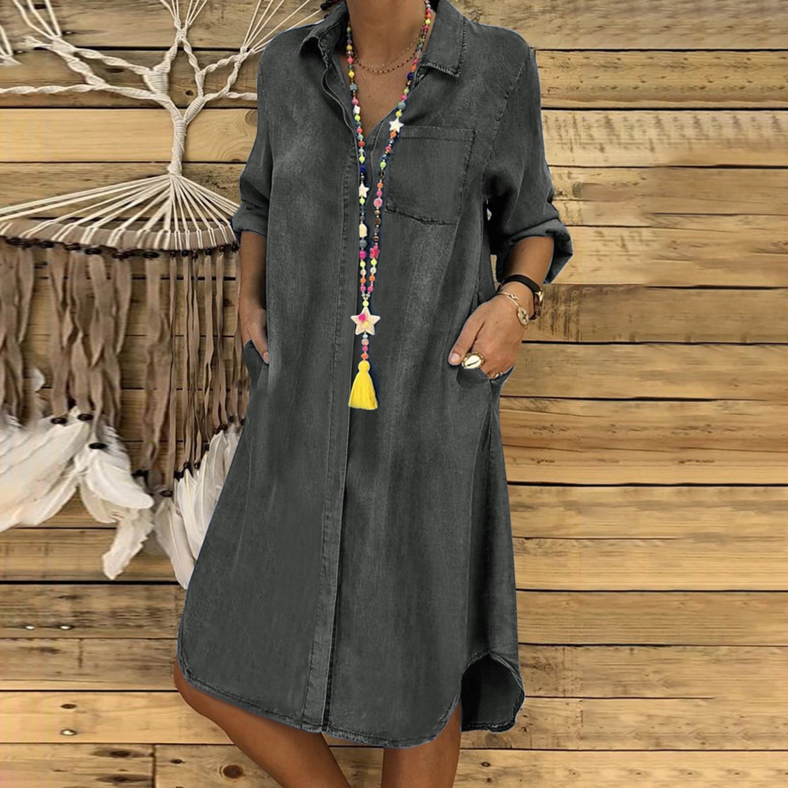 iOPQO summer dress Solid V Pocket Dress Long Sleeve Button Loose Denim Casual Women Dress Neck Women's Casual Dress Long Sleeve Maxi dress Scoop Neck Black