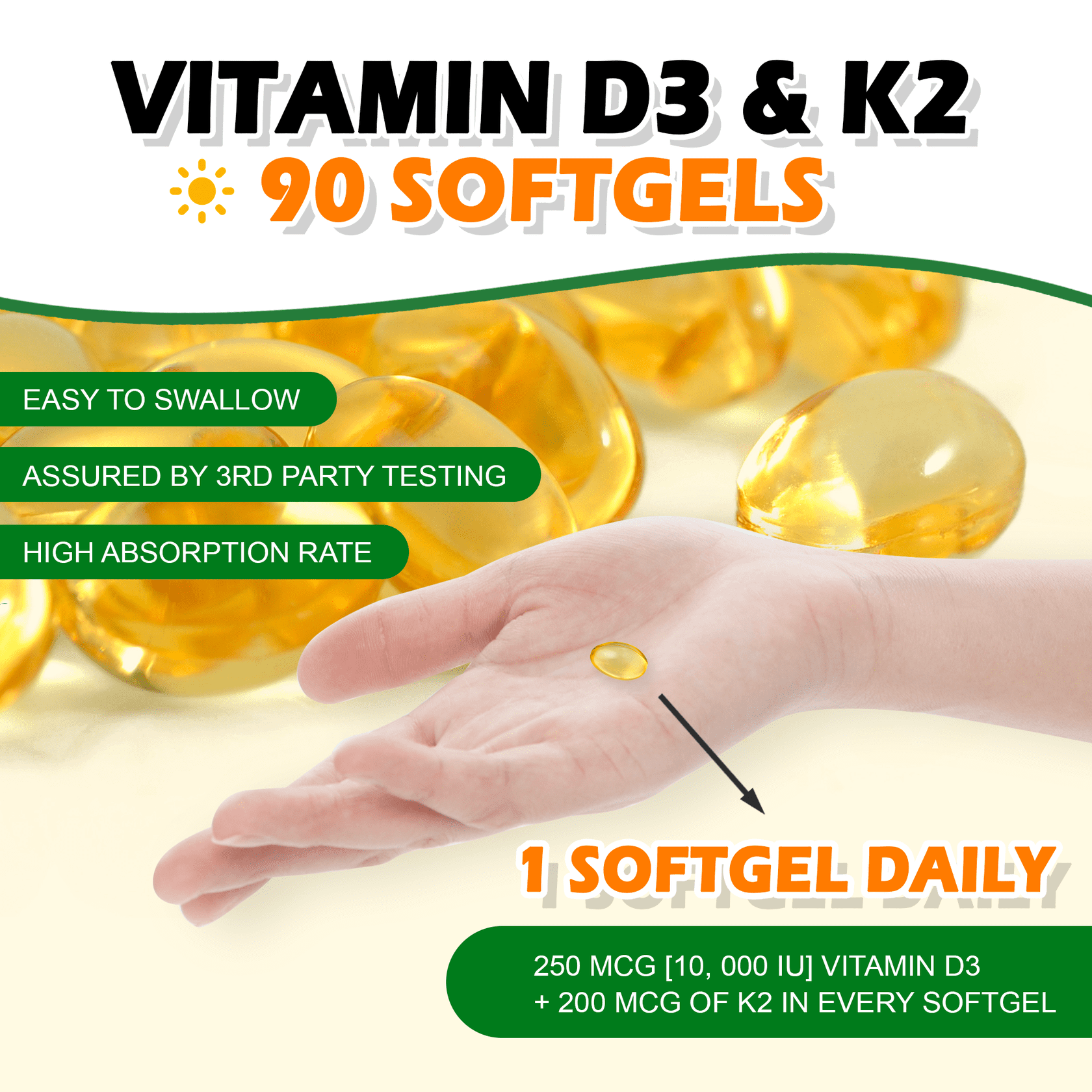 (3 PACK) Vitamin D3 K2 Supplement - 1000 IU Vitamin D3 and K2 200mcg - Bone & Heart Health for Adults - Vegetarian, Gluten Free