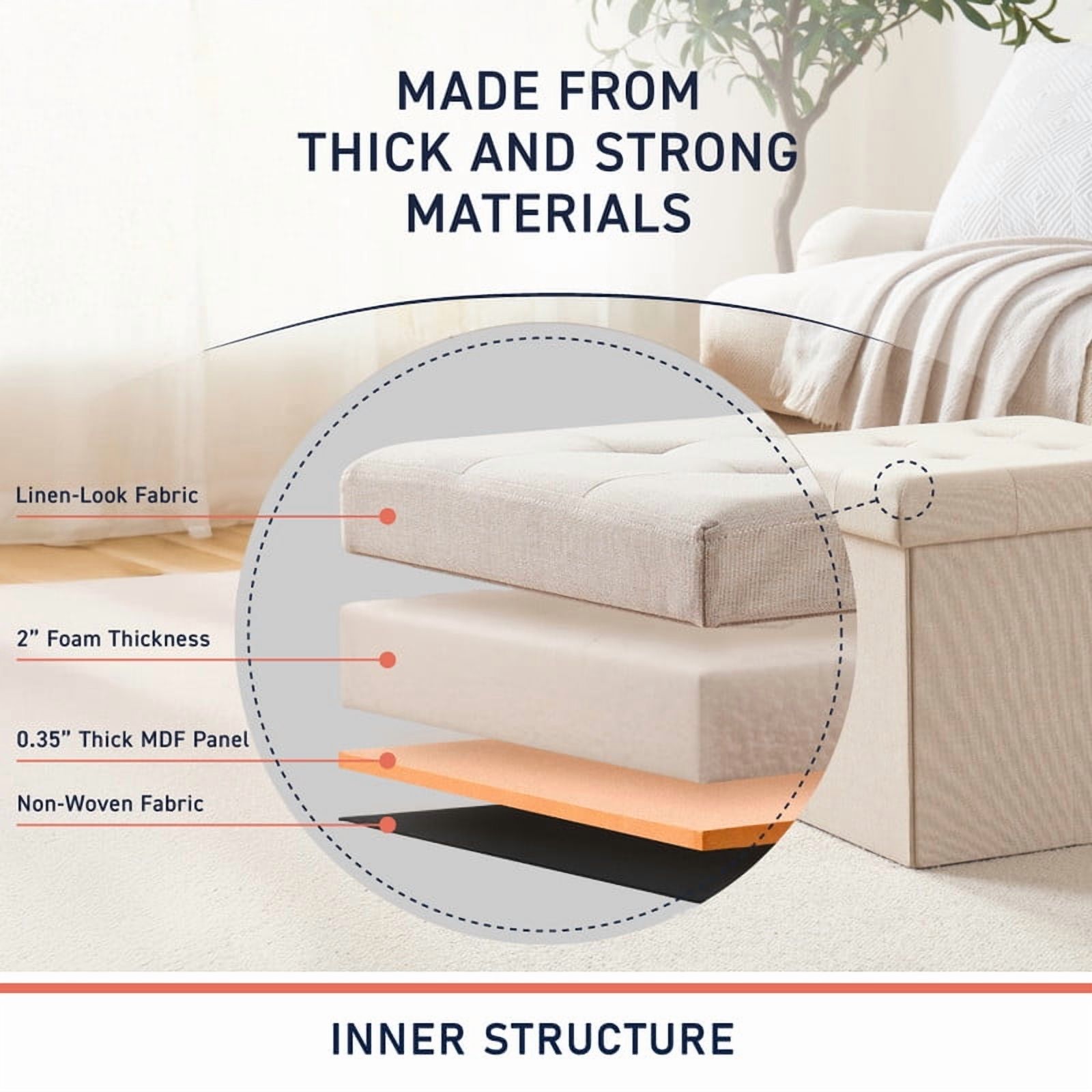 Ornavo Home 2 Pack 15 Inch Folding Storage Ottoman with Storage, Square Cube Linen Small Storage Ottoman Foot Rest Stool - Beige