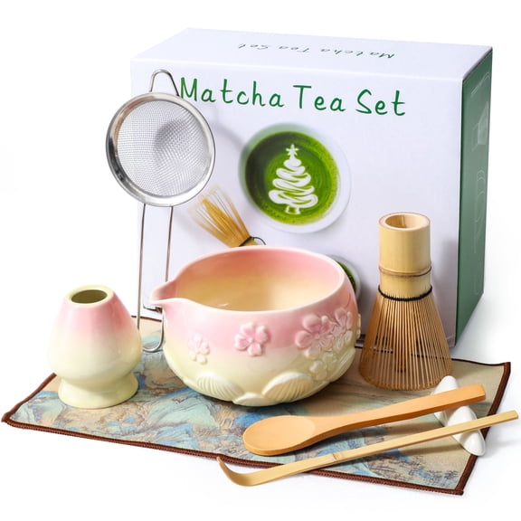 Okjoy Matcha Whisk Set, 8-Piece Ceramic Matcha Making kit with Bamboo Whisk, Bowl, Scoop & Gift Box, Pink