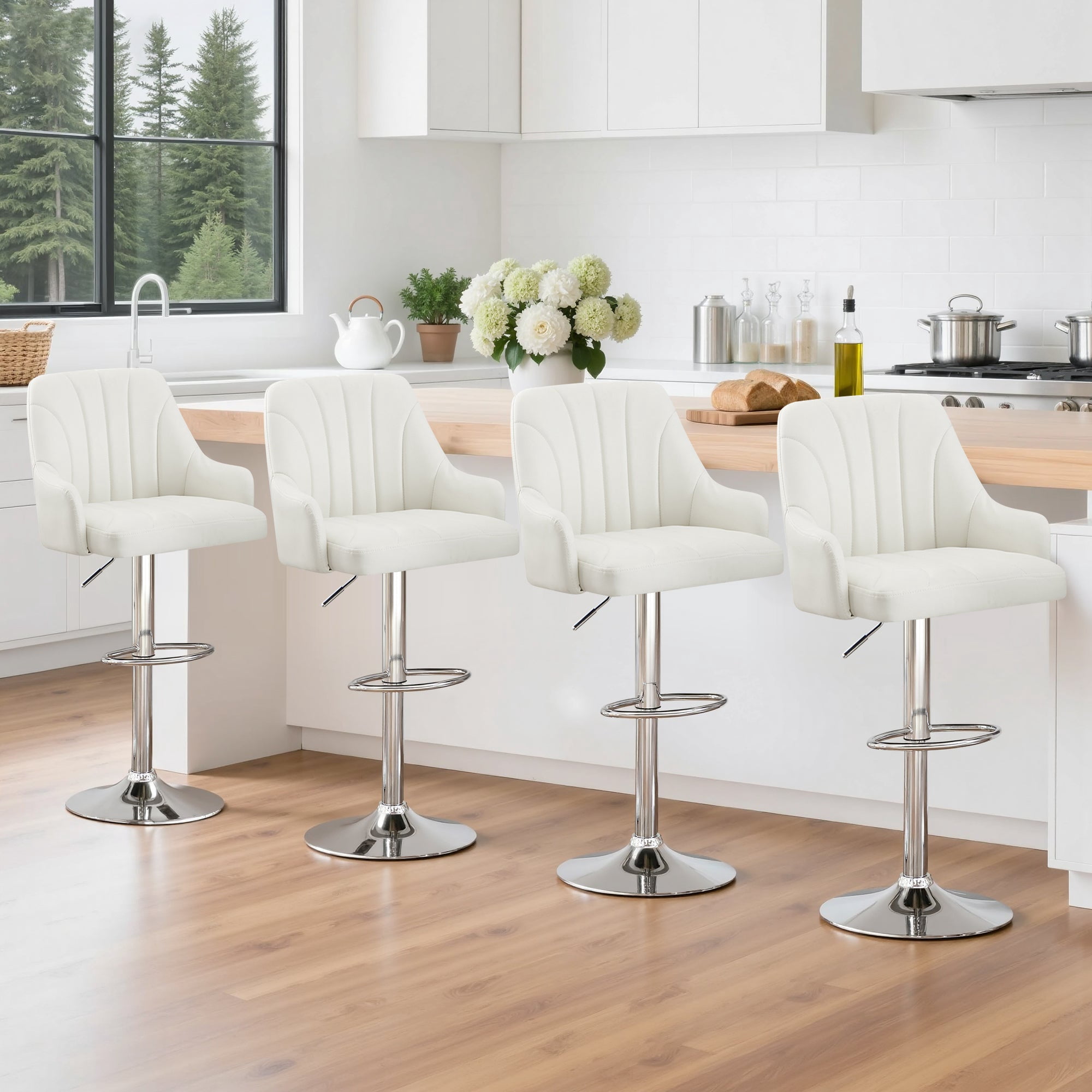 VECELO Set of 4 Bar Stools, Faux Leather Adjustable Swivel Counter Height Barstools with Backrest and Armrest, White