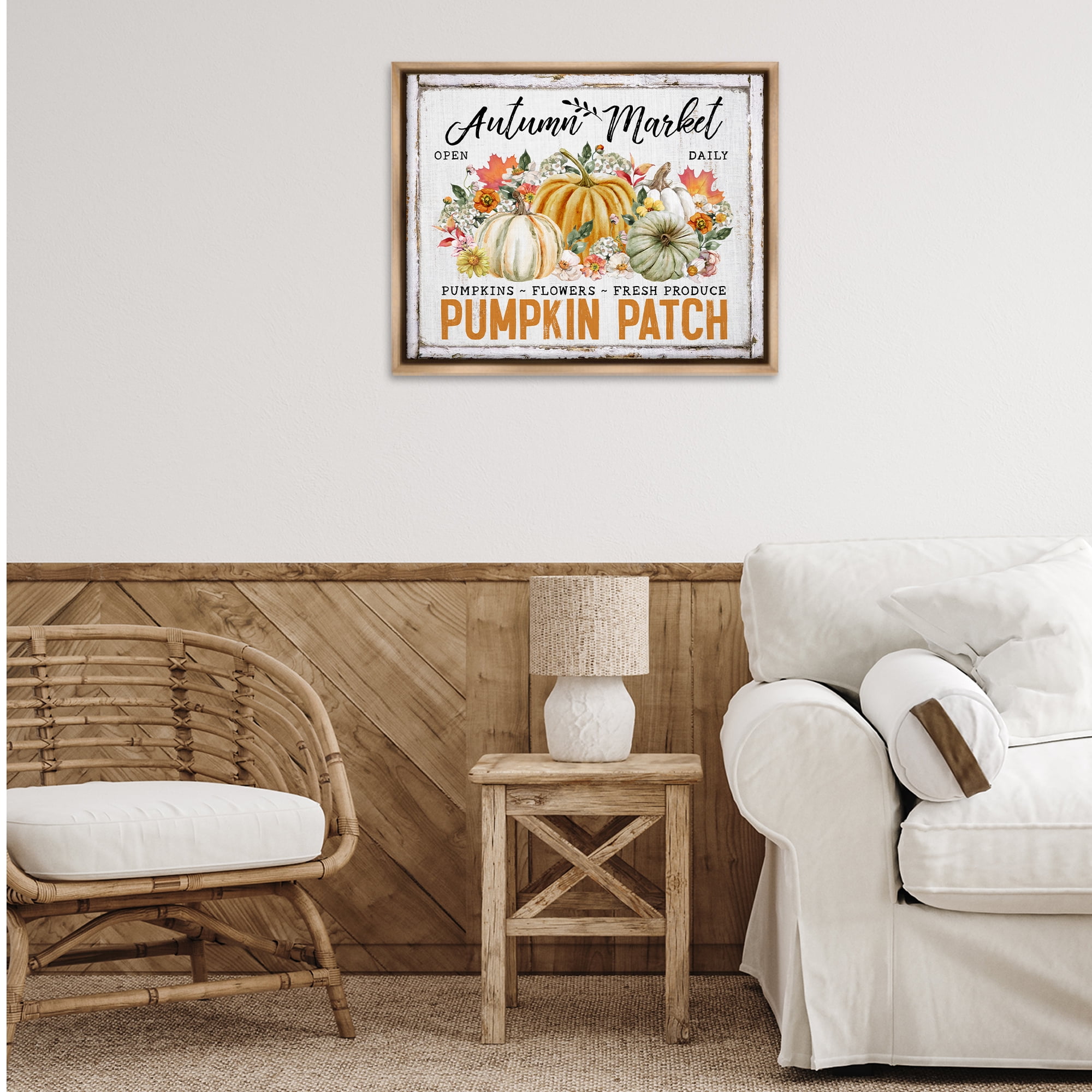 Stupell Industries Rustic Autumn Market Holiday Painting Brown Floater Framed Canvas Art Prints Wall Art, 31 x 25