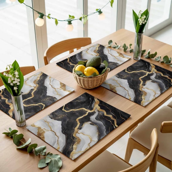 Natural Black White Marble Gold Crack Placemats Set of 4,Wipeable Washable Table Mats for Dining Tables, Abstract Stone Texture Place Mats for Kitchen Event Party Tabletop Decor