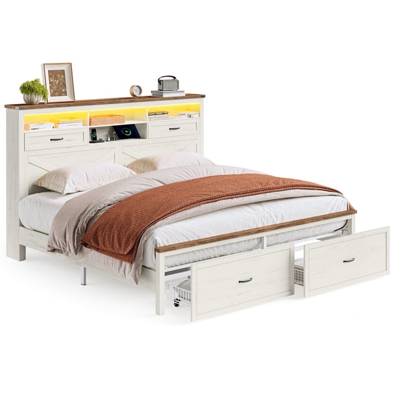 VASAGLE King Bed Frame with Storage Headboard, 51.3-Inch Tall Farmhouse Bed Frame King Size with 4 Drawers, LED Lights, Charging Station, Noise-Free, No Box Spring Needed, Rustic White