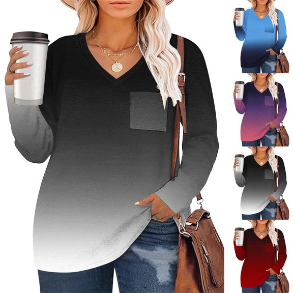 Women's V Neck Long Sleeve T-Shirt Pullover Top, Solid Color Casual Loose Fit Tee, Breathable Cotton Blend Daily Wear Shirt for Women | CSEONE,Black L