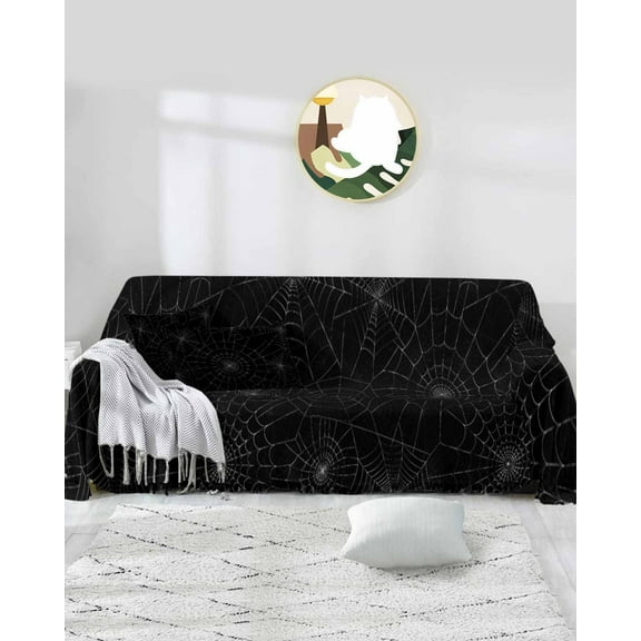 Halloween Sofa Covers for 3 Cushion Couch,Washable Sectional & L Shape Couch Covers for Dog/Cat/Kid,Black Horror Spidering Web Fall Holiday Non Slip Sofa Slipcover Tassel Futon Cover 71''x150''