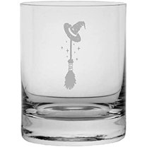 Witches Broomstick Happy Halloween Etched 11oz Crystal Rocks Whisky Glass