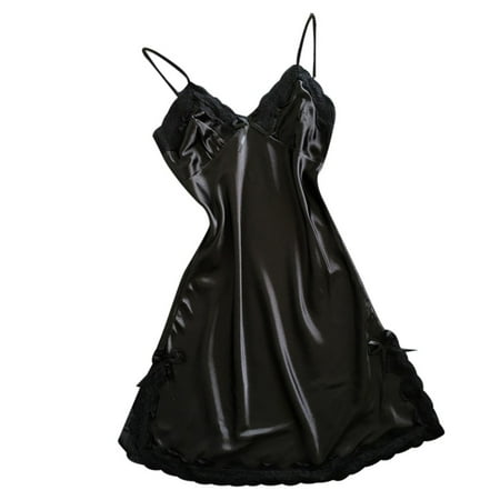 HYSYSB Nightgowns for Women balconette Bras for Women nighty for Women spaghetti Strap Nightgown women Satin Sexy Bowknot Lace Lingerie V Neck Sleepdress Underwear chemise for Women Black L