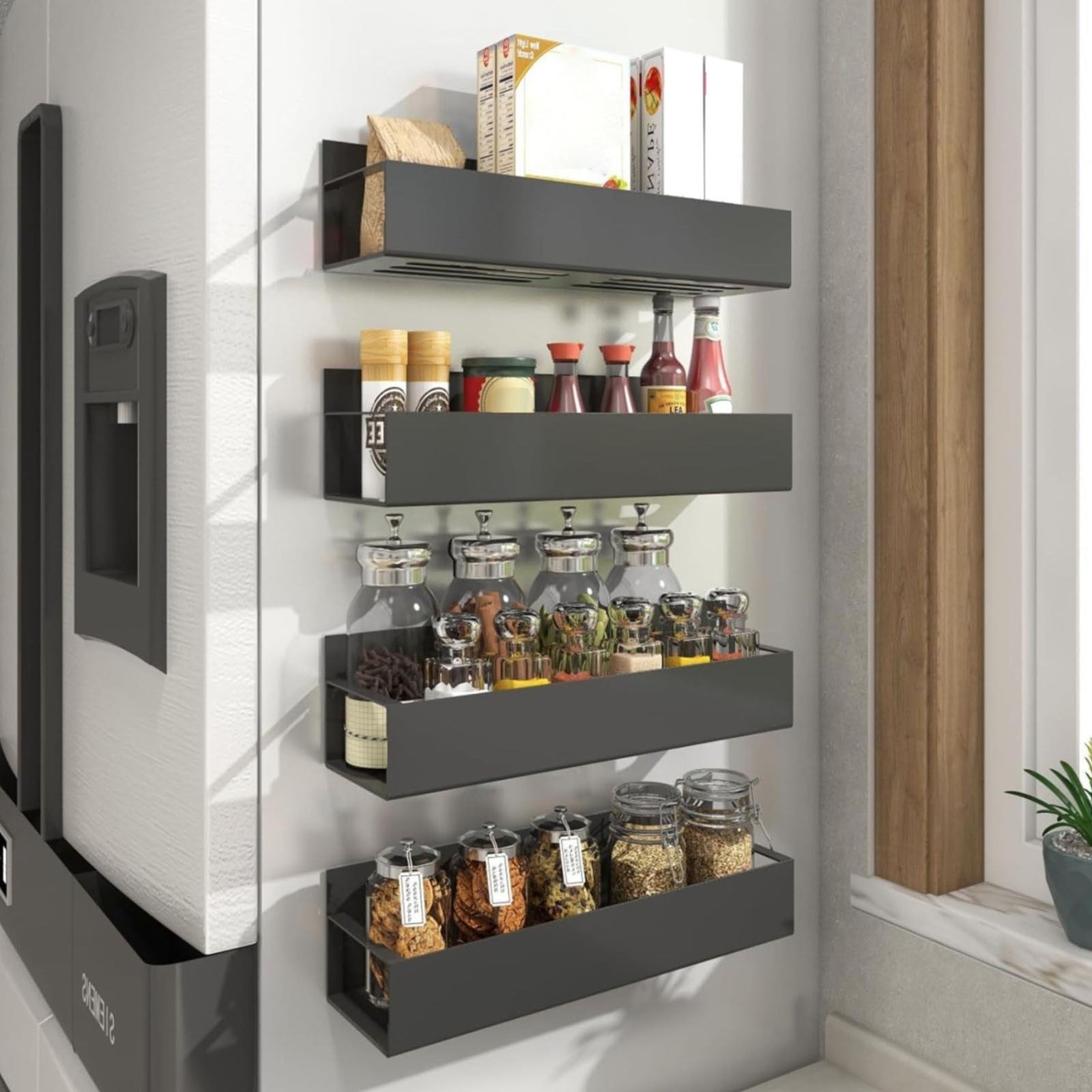 Magnetic Spice Rack For Refrigerator,Magnetic Shelf And Fridge Kitchen Cabinet Organizers Storage,Seasoning Organization Shelves,Fridge Organizer With Hooks For Kitchen And Oven Organizers,E