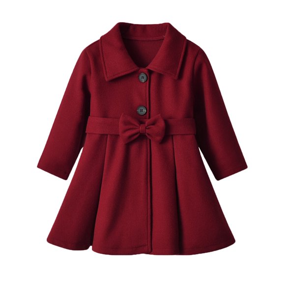 EnJoCho Toddler Girls Winter Long Sleeve Warm Woollen Coat Jacket Red Solid Color Bow Tie Baby Clothes Outerwear Hooded Outer Coat