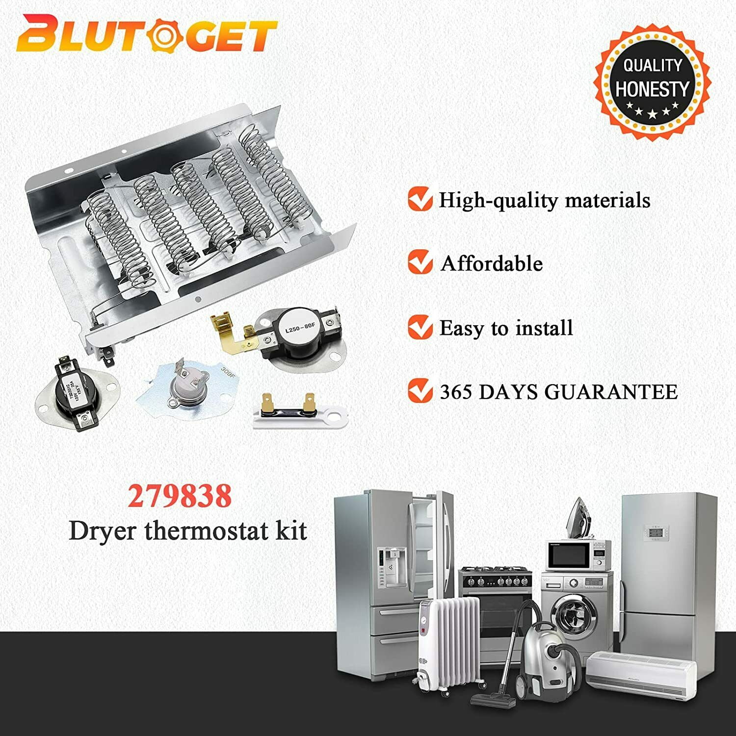 Dryer Heating Element Kit Thermostat Thermal Fuse for Whirlpool Kenmore 279838 & 3977767 & 3392519 & 3977393