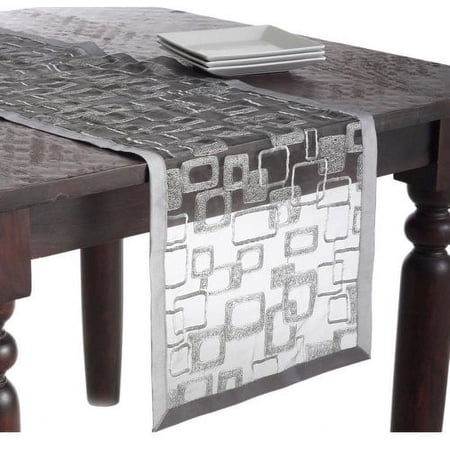 Fennco Styles Mondrian Embroidered Geometric Design Rectangular Table Runner (Silver 16 x90 )