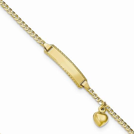14k Yellow Gold Engravable 6in Baby ID Curb w/Heart Dangle Bracelet