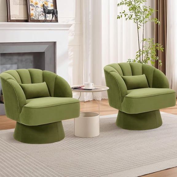 Modern Swivel Barrel Accent Chair, 360 Degree Velvet Upholstered Armchair with Striped Backrest & Plush Padding, Comfy Round Lounge Chair for Living Room, Bedroom, Reading Nook, Green 2 PCS
