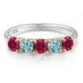 thumbnail image 3 of Gem Stone King 925 Silver and 10K Yellow Gold Red Created Ruby and Blue Zircon Wedding-Bands Ring for Women | 1.75 Cttw | Round 4MM | Gemstone July Birthstone | Size 5, 3 of 6
