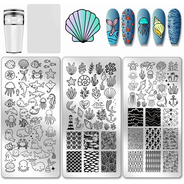 Kit de 3 piezas de placas para estampar uñas con diseño de animales marinos, ballenas y conchas, incluye plantillas para decoración de uñas con estampador y raspador.
