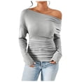 thumbnail image 2 of Womens T Shirts Y2K Sexy Off Shoulder Long Sleeve Asymmetrical Slim Fit Fall Blouse Womens Summer Tops Grey XL, 2 of 3