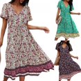thumbnail image 4 of CNKOO Robes Bohèmes à Imprimé Floral Col en V Manches Courtes Décontractées Plage Maxi Longue Robe, 4 of 6