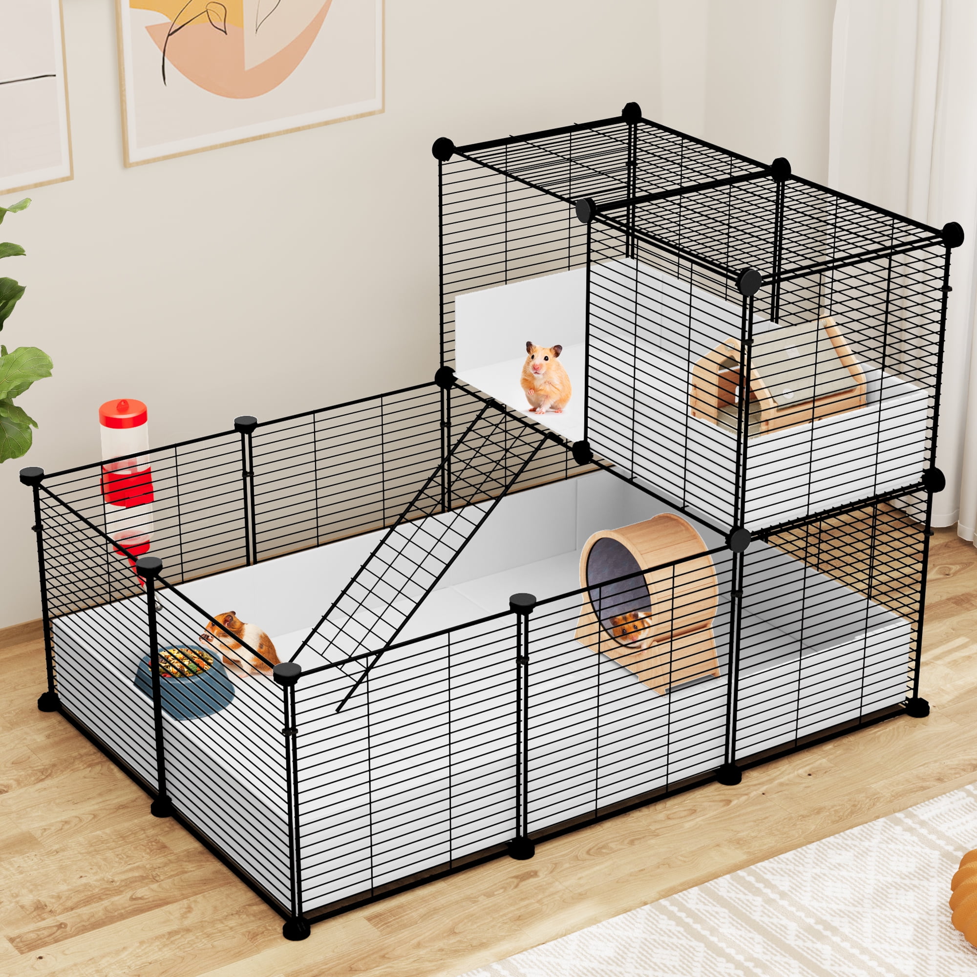 Dextrus Small Animal Cage: Indoor Guinea Pig Cage with Waterproof Plastic Liner, Loft and Partition for Bunny, Chinchilla, and Hamster. Versatile Habitat Fence Playpen with 25PCS Panels