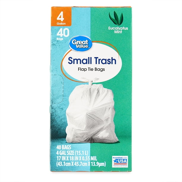 Great Value Small Flap Tie Trash Bags, Eucalyptus Mint Scent, 4 Gallon