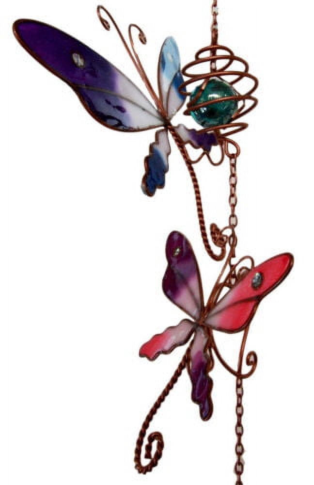 Stained Glass Colorful Three Butterflies Copper Metal Wind Chime 40"Long Decor