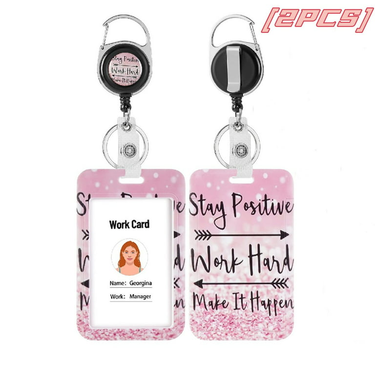 2 Pack Badge Holder with Retractable Reel, ID Name Tag Worker Badge  Carabiner Clip Vertical Card Protector Cover Case for Key Office Doctor  Nurse Medical Student Teacher, Pink 