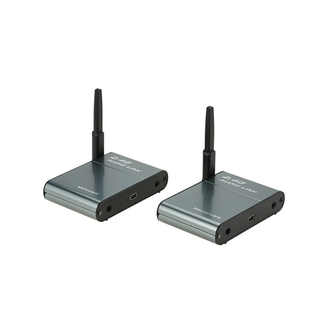 Amdohai 2.4G Digital Wireless Audio Sender & Receiver Adapter Speaker for HiFi Home Audio Stereo Music Streaming Sound Systems. The image displays two sleek, grey and black wireless audio adapters labeled 'Sender' and 'Receiver,' each equipped with an antenna and multiple input/output ports. These adapters utilize 2.4GHz ISM band technology for wireless audio transmission up to 50 meters with low latency and high fidelity. Compatible with devices such as TVs, computers, and smartphones, they are ideal for home audio systems, business presentations, and outdoor events. Features include 16 interference-resistant channels, real-time digital encoding, and a built-in 320mAh battery in the sender unit. Compact and portable for versatile use.