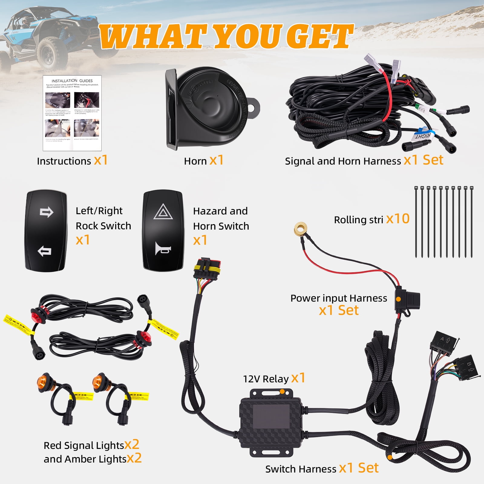 JIEPENG UTV Turn Signal Kit Pre-Wired Plug and Play Universal 12V with 110DB Horn and Rocker Switch